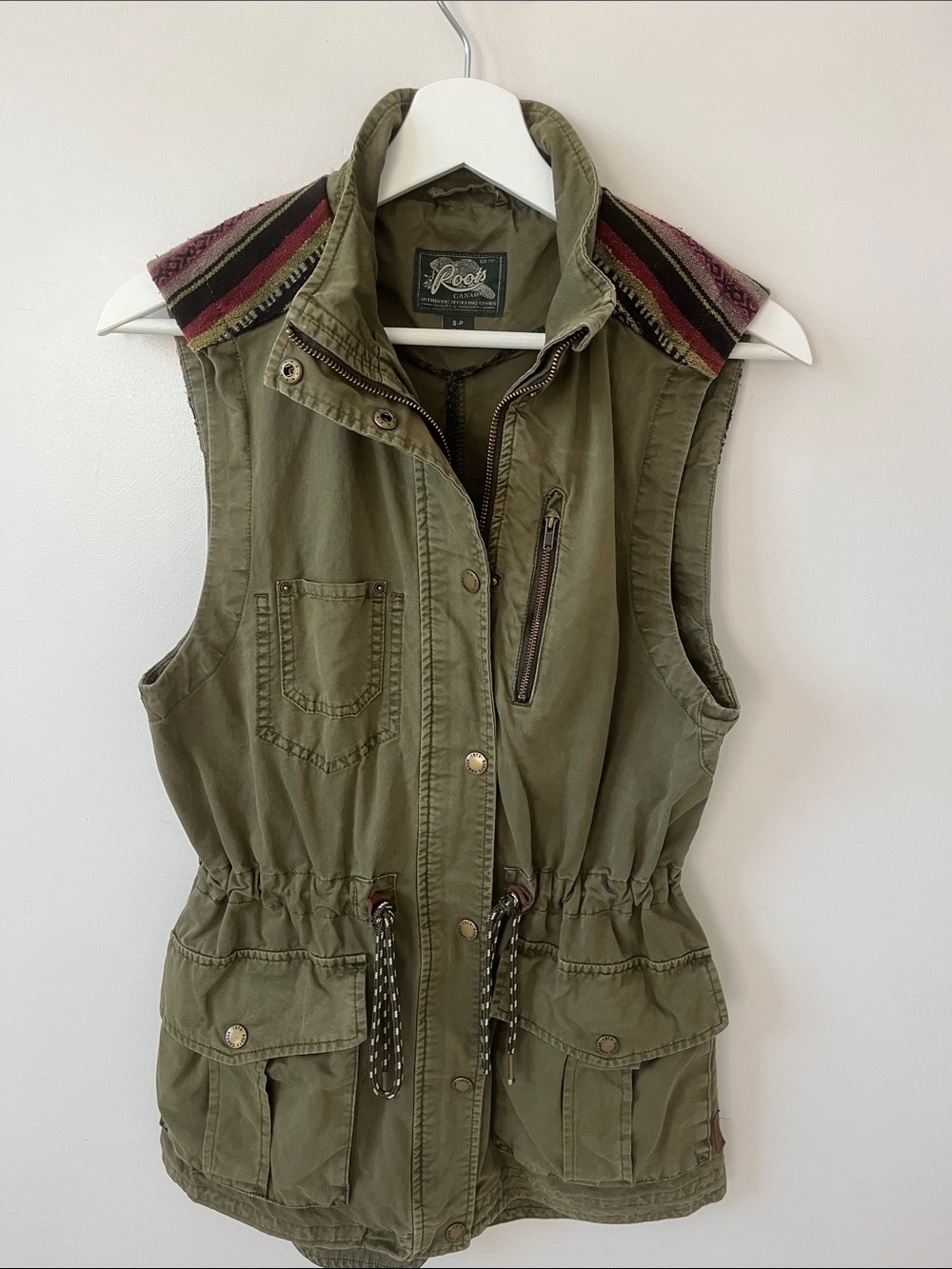 Roots Olive Utility Vest with Striped Collar Detail